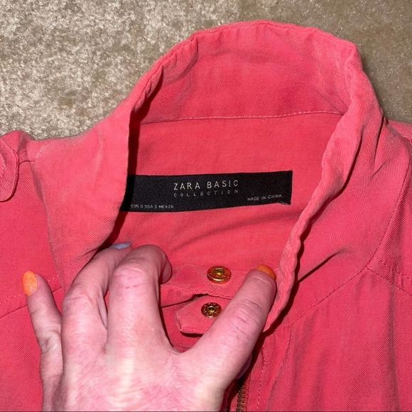 Zara Basic Pink Salmon Solid Zip Cargo Pocket Lightweight Utility Jacket Small - Picture 9 of 15
